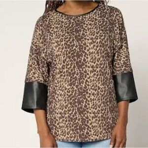 Belle by Kim Gravel TripleLuxe Knit Top w/ Faux Leather Cuffs Leopard size Large